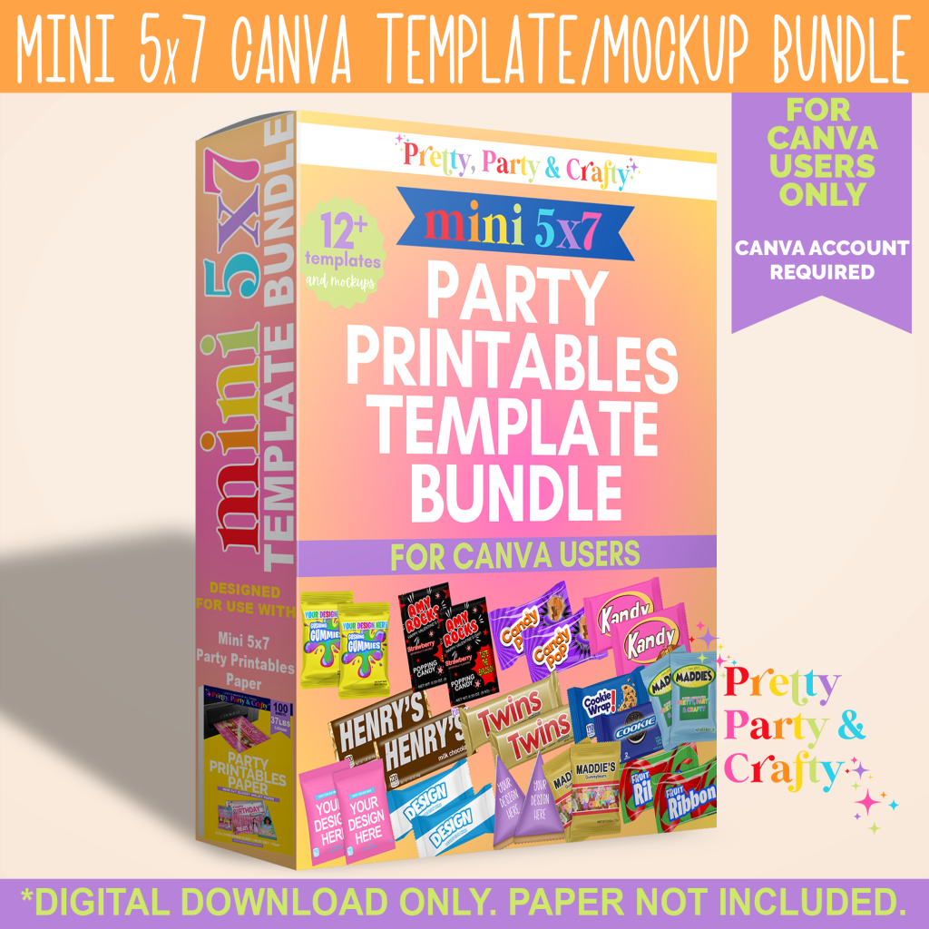 Party favor bundle with Canva templates and mockups for candy wrappers