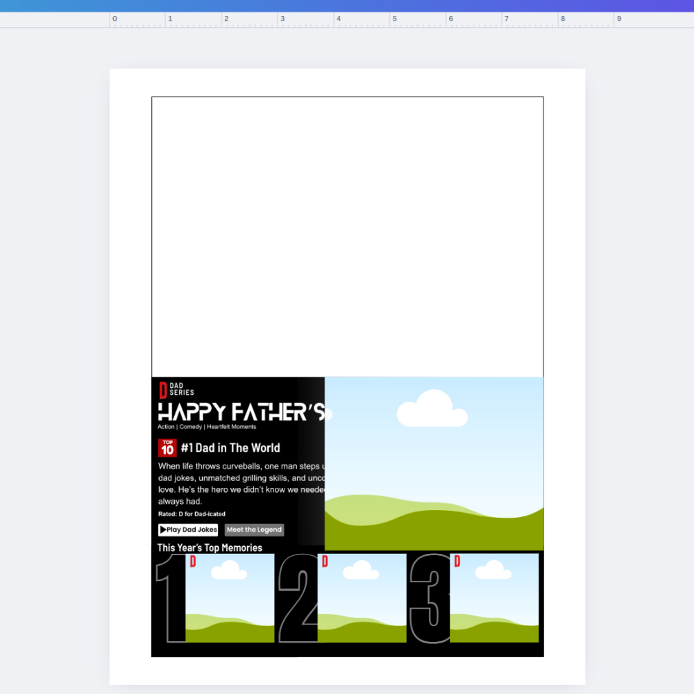 Free printable Dadflix greeting card for Father’s Day, Netflix-inspired design with space for 4 custom photos, editable Canva card template, funny personalized card for dad, printable 5x7 Father’s Day card, DIY dad card, digital download greeting card for dad, photo card for dad gift idea.
