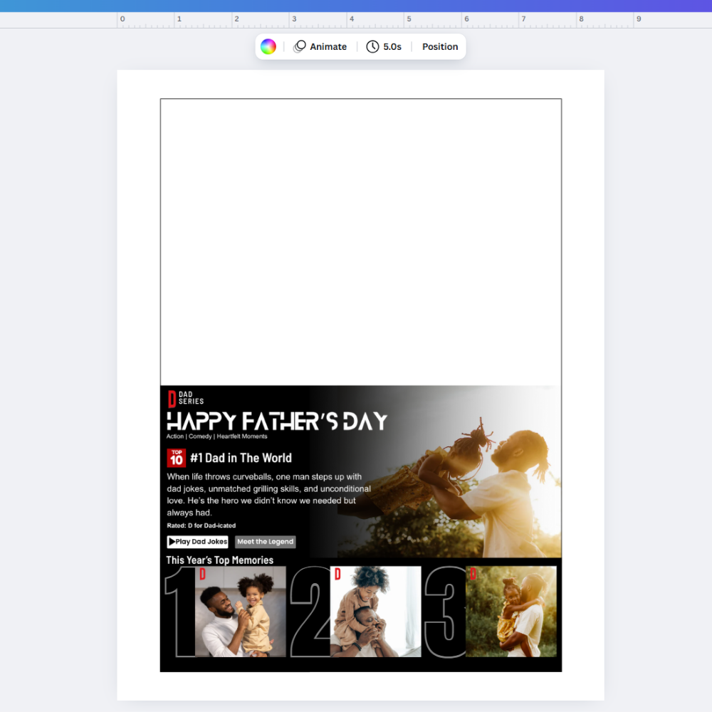 Free printable Dadflix greeting card for Father’s Day, Netflix-inspired design with space for 4 custom photos, editable Canva card template, funny personalized card for dad, printable 5x7 Father’s Day card, DIY dad card, digital download greeting card for dad, photo card for dad gift idea.
