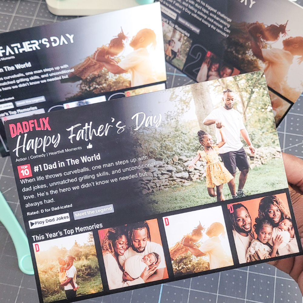 Free printable Dadflix greeting card for Father’s Day, Netflix-inspired design with space for 4 custom photos, editable Canva card template, funny personalized card for dad, printable 5x7 Father’s Day card, DIY dad card, digital download greeting card for dad, photo card for dad gift idea.