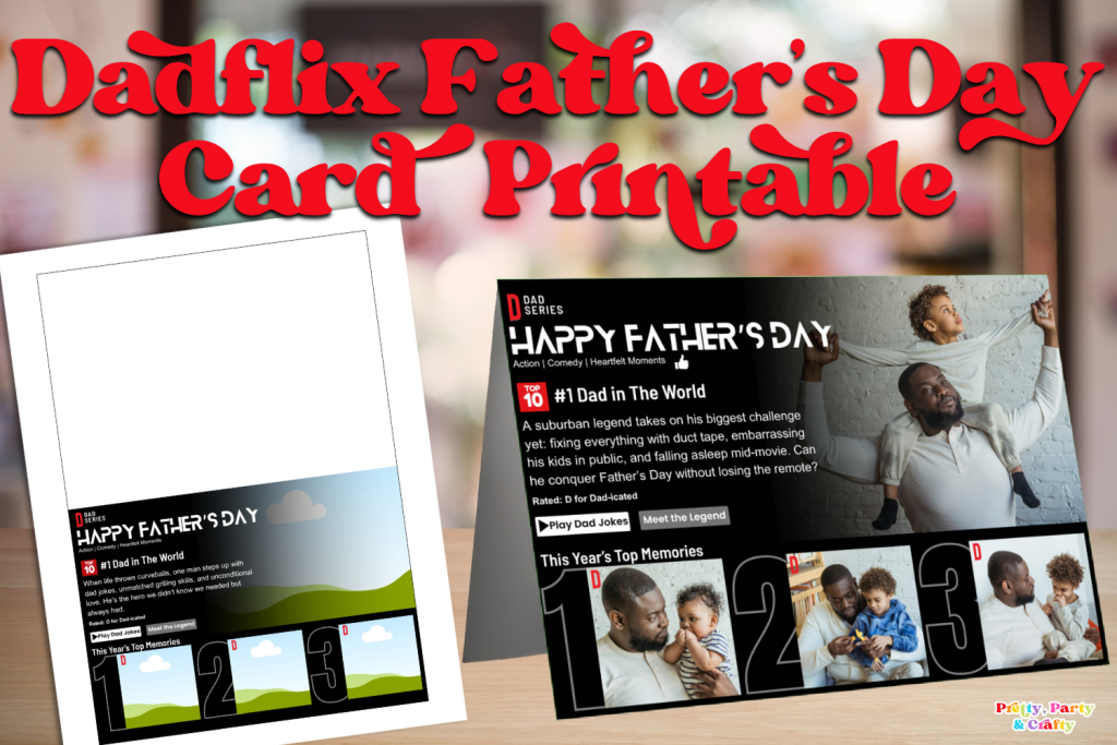 Free printable Dadflix greeting card for Father’s Day, Netflix-inspired design with space for 4 custom photos, editable Canva card template, funny personalized card for dad, printable 5x7 Father’s Day card, DIY dad card, digital download greeting card for dad, photo card for dad gift idea.
