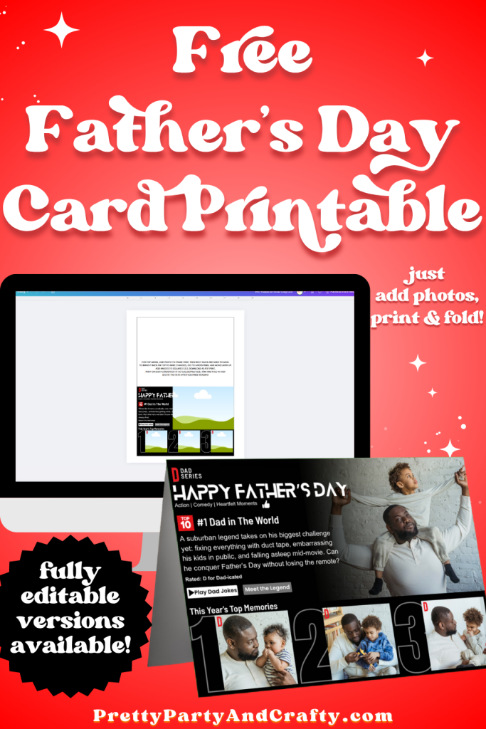Free printable Dadflix greeting card for Father’s Day, Netflix-inspired design with space for 4 custom photos, editable Canva card template, funny personalized card for dad, printable 5x7 Father’s Day card, DIY dad card, digital download greeting card for dad, photo card for dad gift idea.