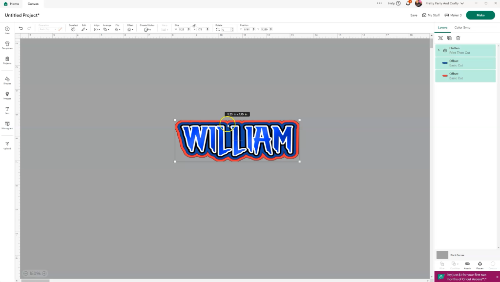 Step-by-step Cricut project using offsets in Design Space to create layered name cutouts for birthday party decorations.